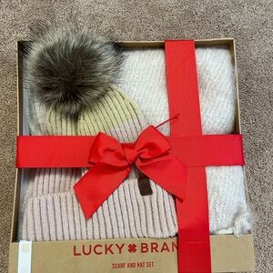 Lucky Brand Womens Pink and Cream Hat and Scarf Set with Pom Pom